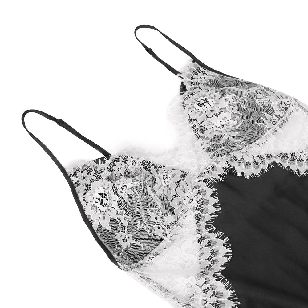 Black Sexy High-end Satin Lace Stitching Open Back Ladies Pajamas