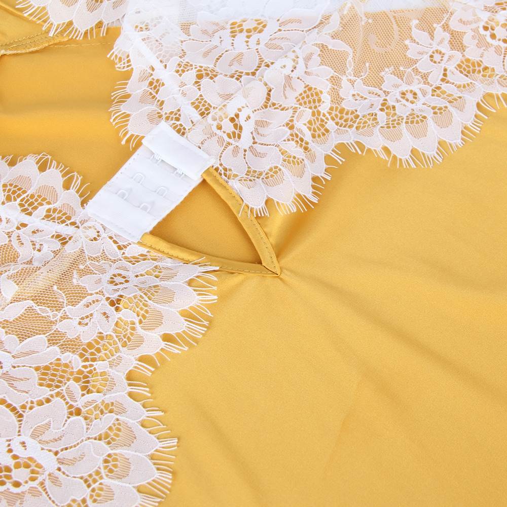 Yellow Sexy High-end Satin Lace Stitching Open Back Ladies Pajamas
