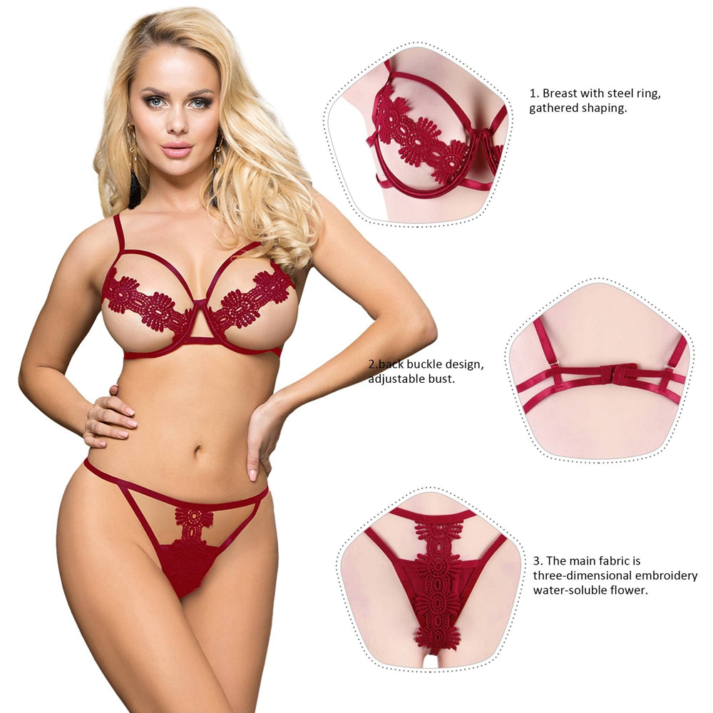 Red Delicate Flowers Lace Hollow Out Bra Set With Underwire
