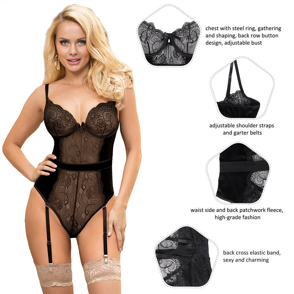 Garter bodysuit With Underwire Sexy Lace Velour Plus Size Lingerie