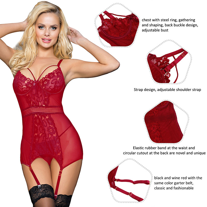 Garter Babydoll With Underwire Plus Size Mesh Stitching Dark Red Lace Lingerie