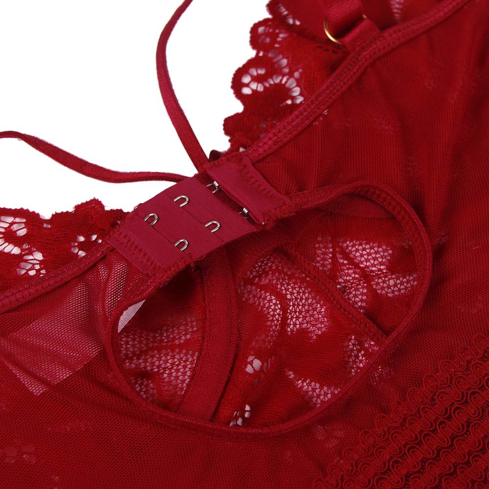 Garter Babydoll With Underwire Plus Size Mesh Stitching Dark Red Lace Lingerie