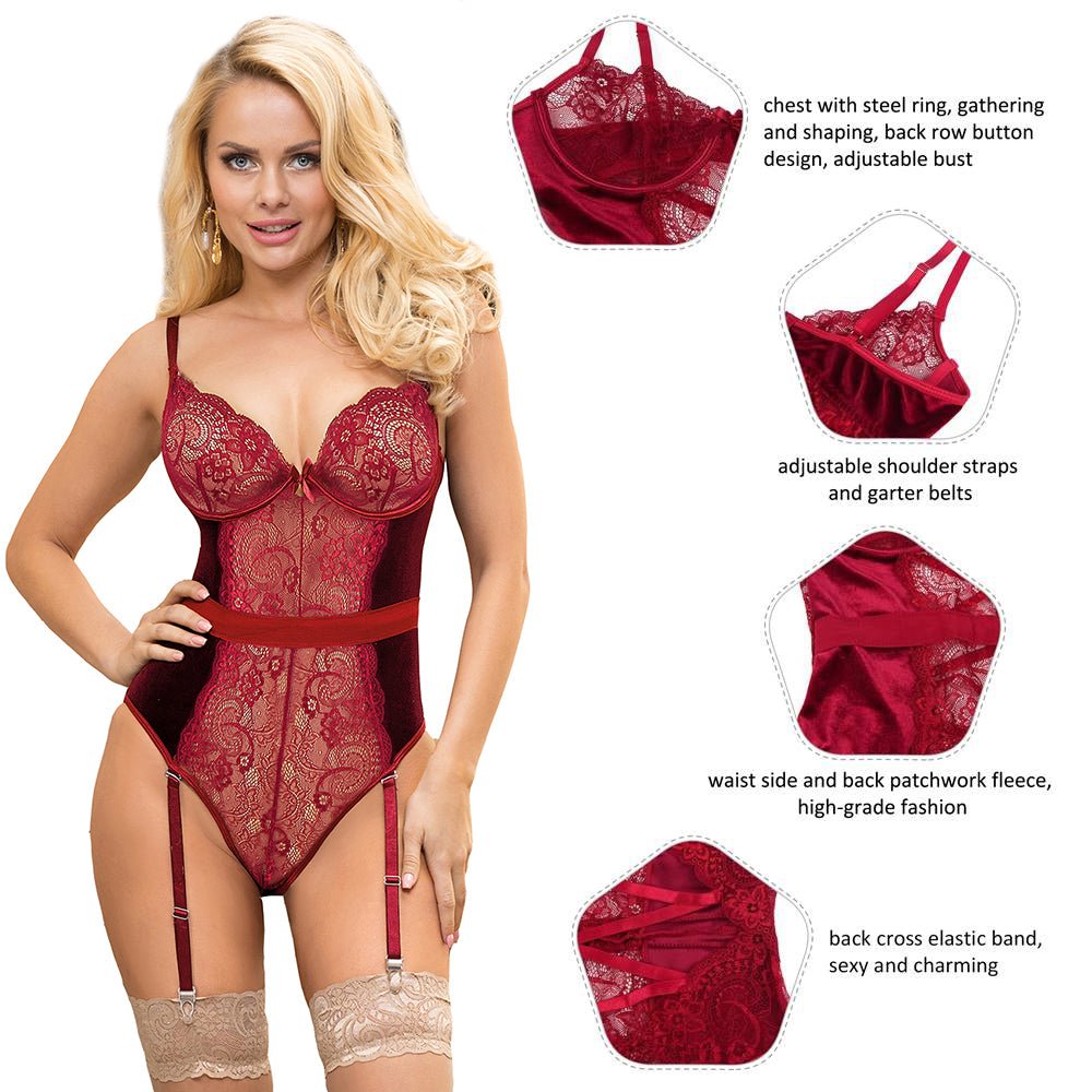 Wine Red Lace & Velvet Garter Bodysuit – Underwired Bust, Crossover Back, Adjustable Straps & Garter Belts - TeaseFashion