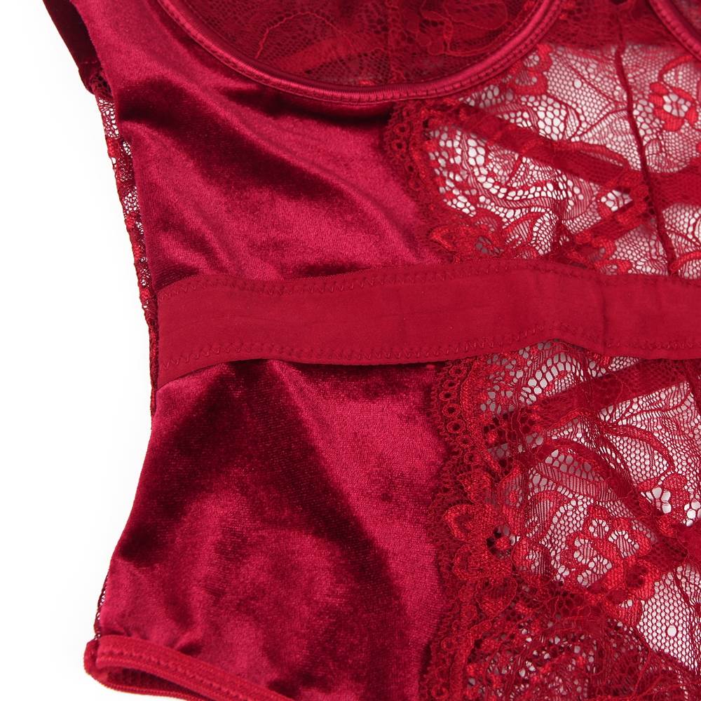 Wine Red Lace & Velvet Garter Bodysuit – Underwired Bust, Crossover Back, Adjustable Straps & Garter Belts - TeaseFashion