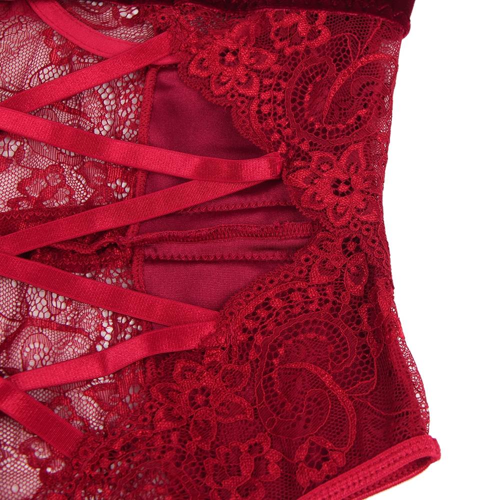 Wine Red Lace & Velvet Garter Bodysuit – Underwired Bust, Crossover Back, Adjustable Straps & Garter Belts - TeaseFashion