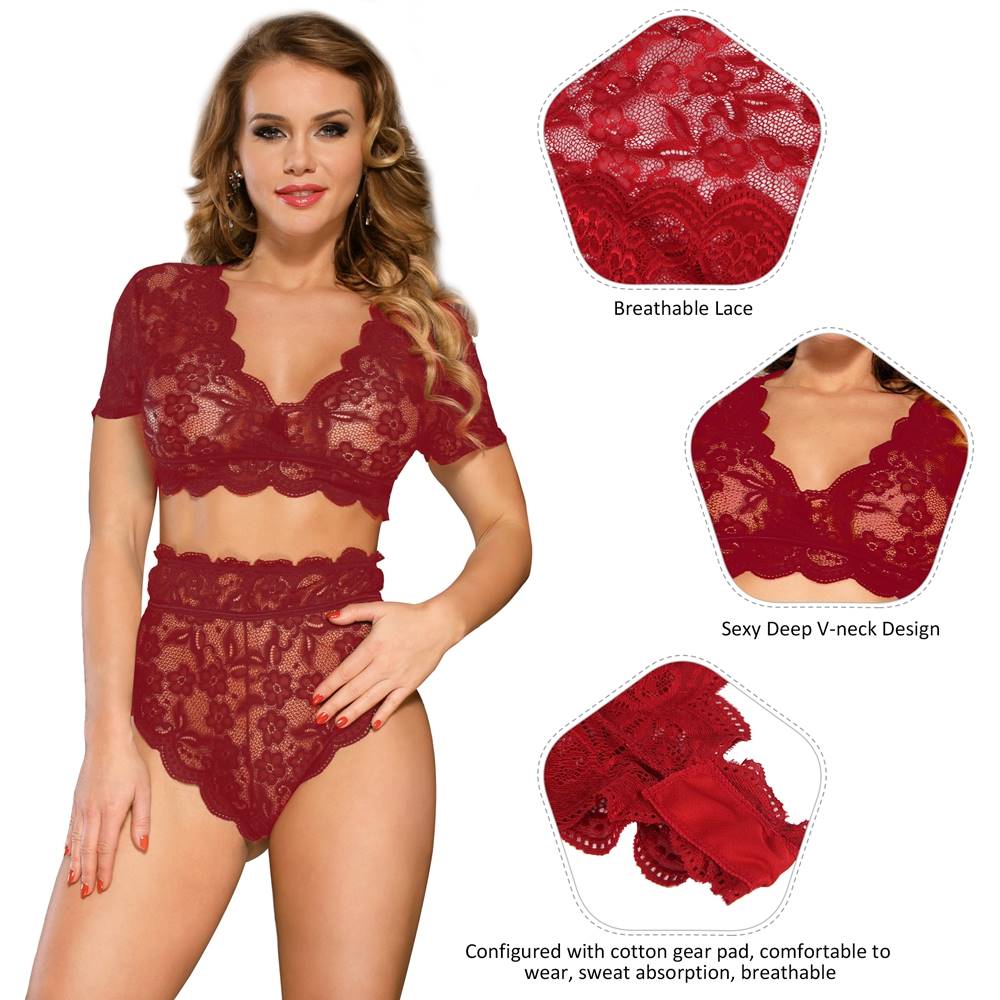Naughty Sexy Girls High Waist Dark Red Full Lace Bra Panty Underwear