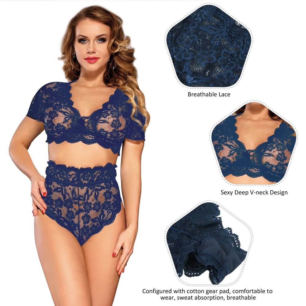 Naughty Sexy Girls High Waist Dark Blue Full Lace Bra Panty Underwear