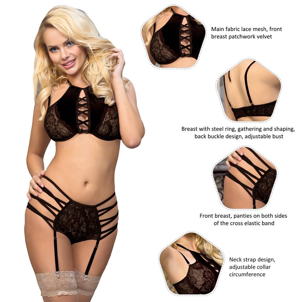 Sexy Black Velvet Floral Lace Patchwork Gartered Lingerie Set With Underwire