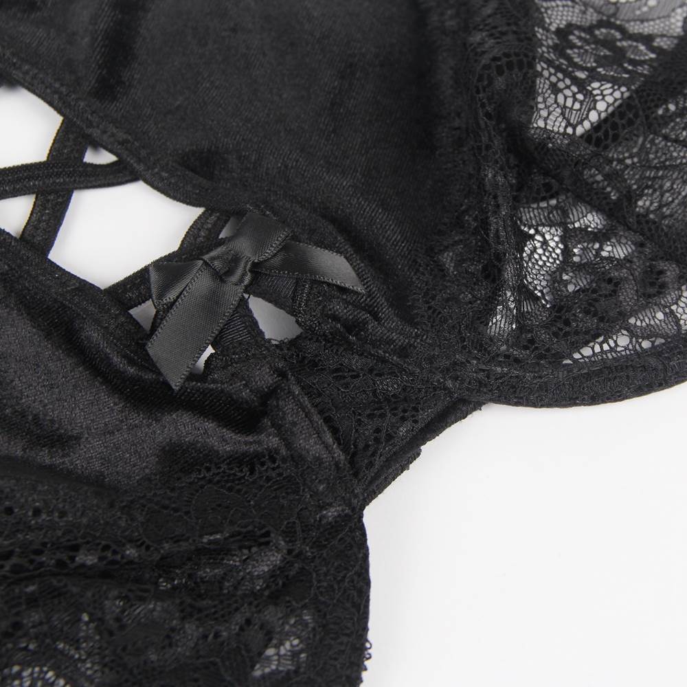 Sexy Black Velvet Floral Lace Patchwork Gartered Lingerie Set With Underwire