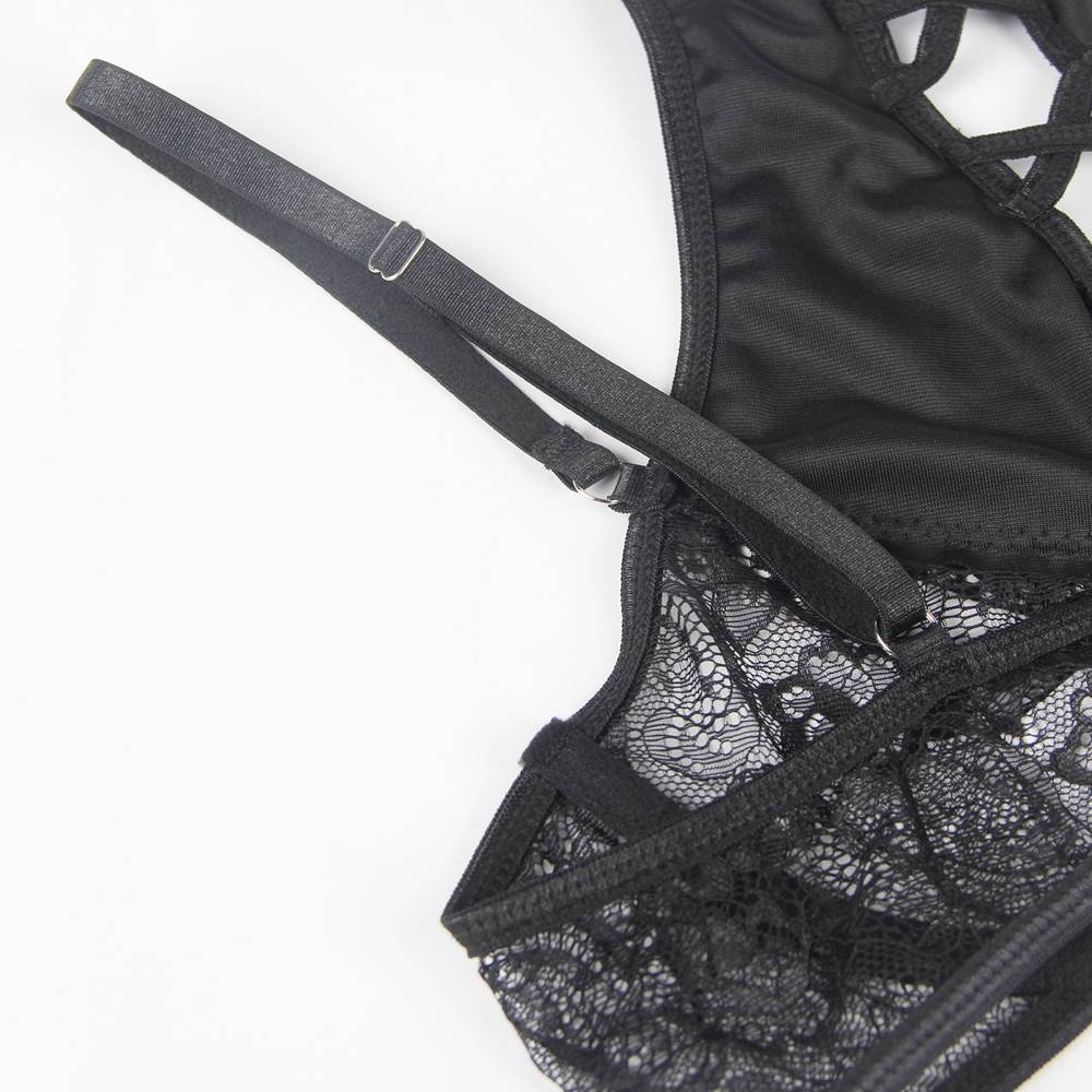 Sexy Black Velvet Floral Lace Patchwork Gartered Lingerie Set With Underwire