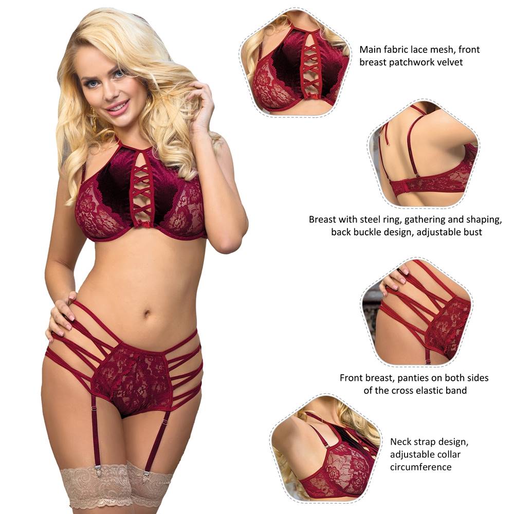 Sexy Red Velvet Floral Lace Patchwork Gartered Lingerie Set With Underwire