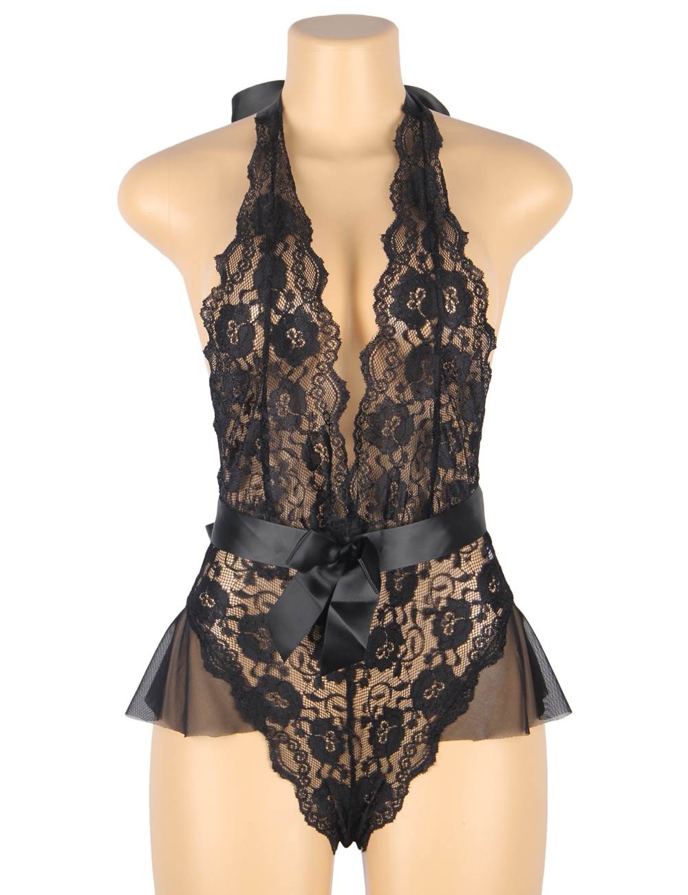 Sexy Halter V Neckline Ruffle Plus Size Teddy With The Belt