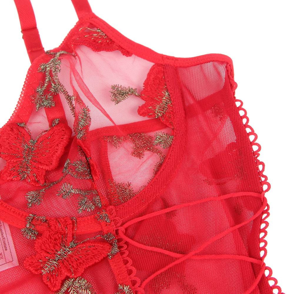 Red Butterfly Pattern Embroidery Mesh Lingerie Set With Underwire