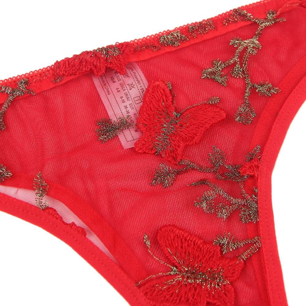 Red Butterfly Pattern Embroidery Mesh Lingerie Set With Underwire