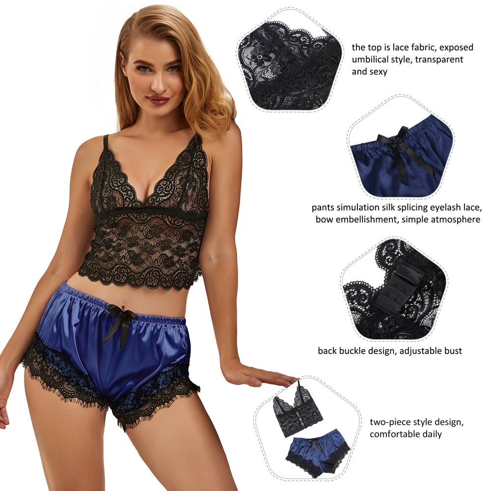 Lace Silk Camisole Blue Home Casual Pajamas Set