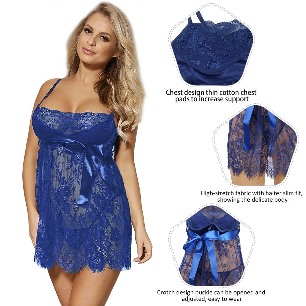 Sexy Eyelash Blue Lace Chest Pad Plus Size Sleepwear With Thong