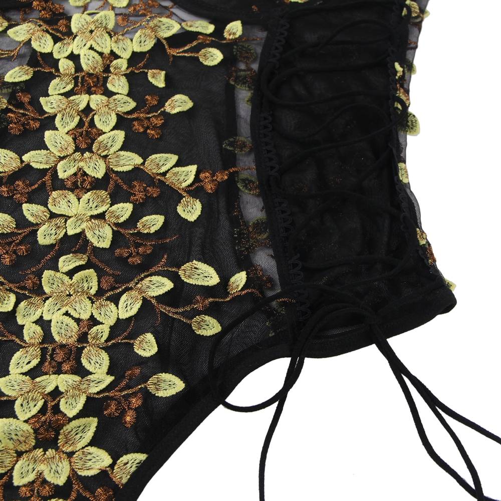 Fashion Embroidery Black Mesh Bodysuit With Underwire
