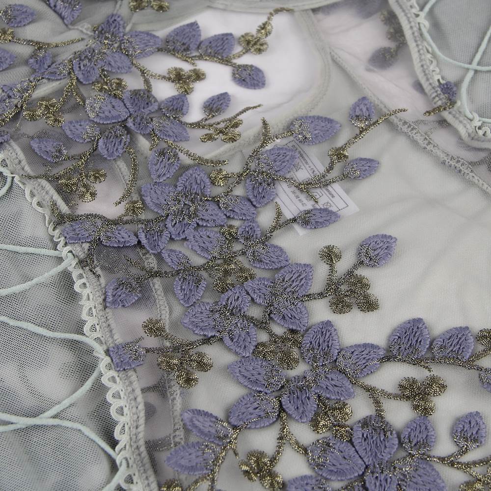 Plus Size Grey Bodysuit With Underwire  Fashion Embroidery Mesh Lingerie