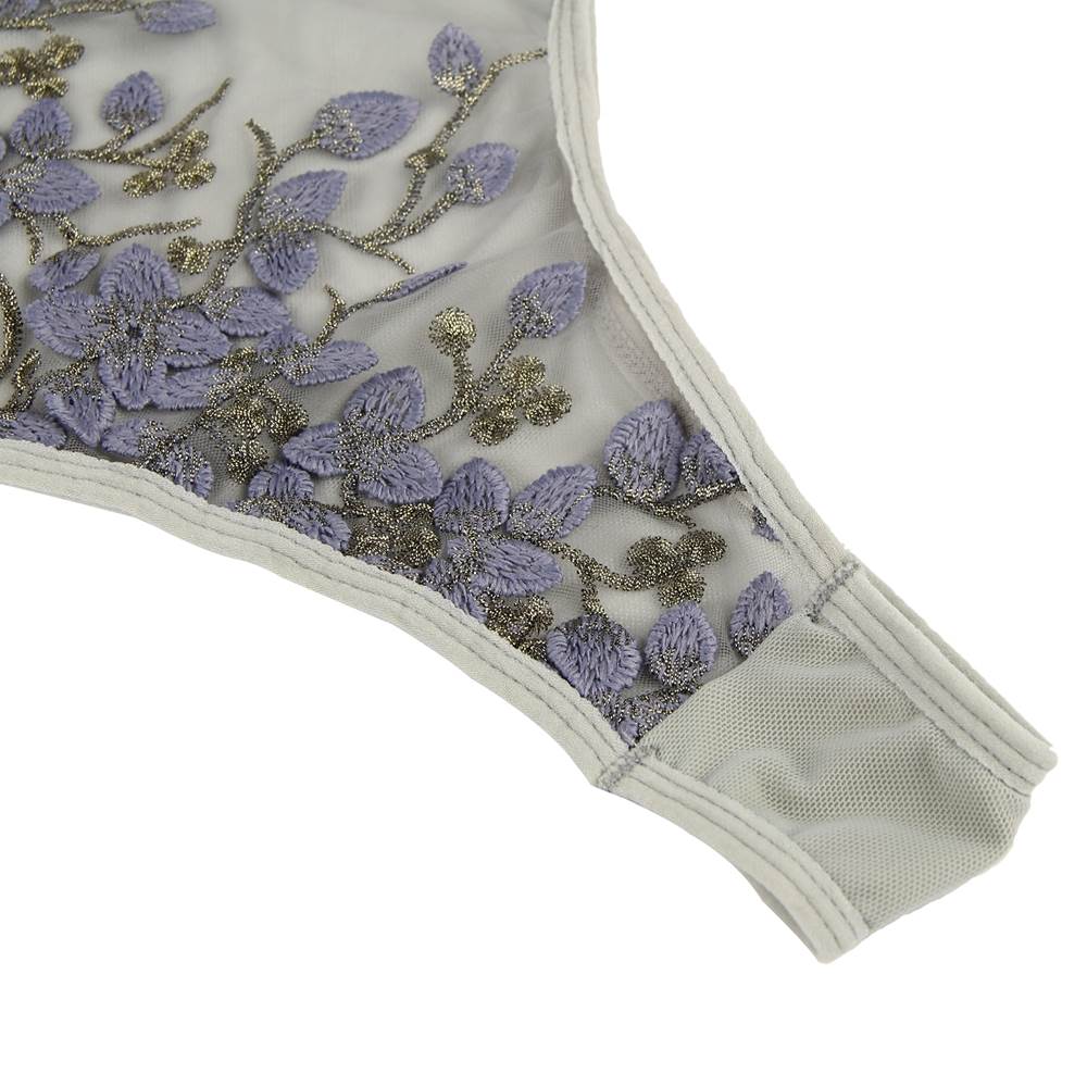 Plus Size Grey Bodysuit With Underwire  Fashion Embroidery Mesh Lingerie