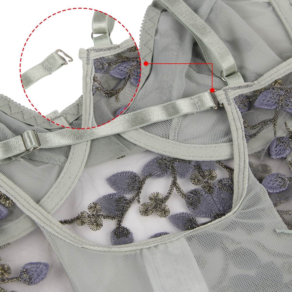 Plus Size Grey Bodysuit With Underwire  Fashion Embroidery Mesh Lingerie