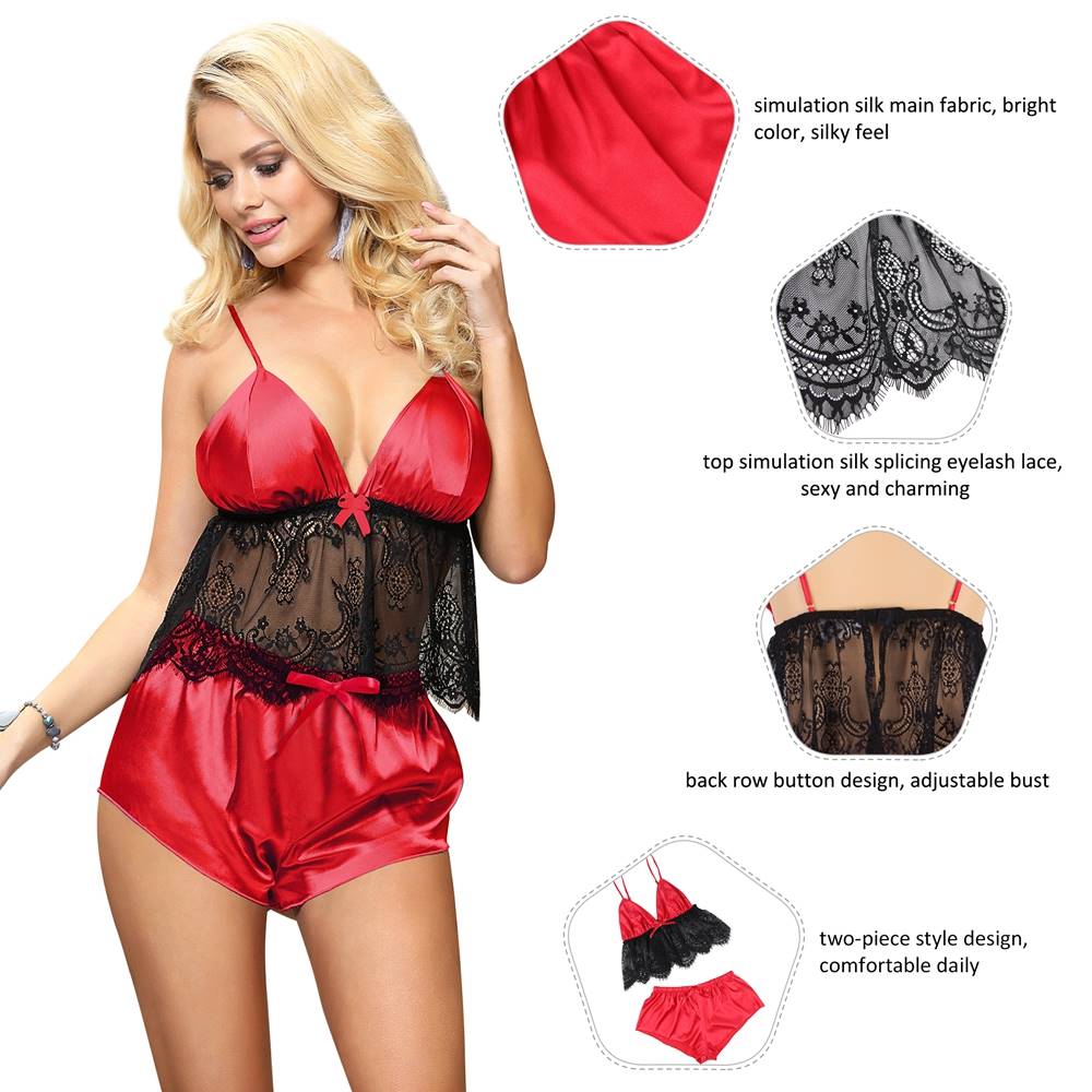 Fashion Eyelash Lace Silk Camisole Red Sleepwear Set