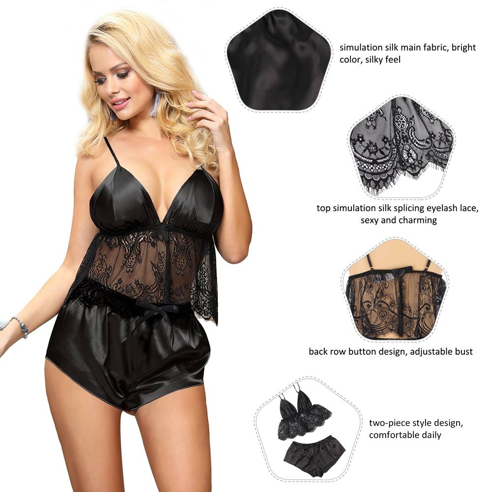 Fashion Eyelash Lace Silk Camisole 2 Piece Home Pajamas