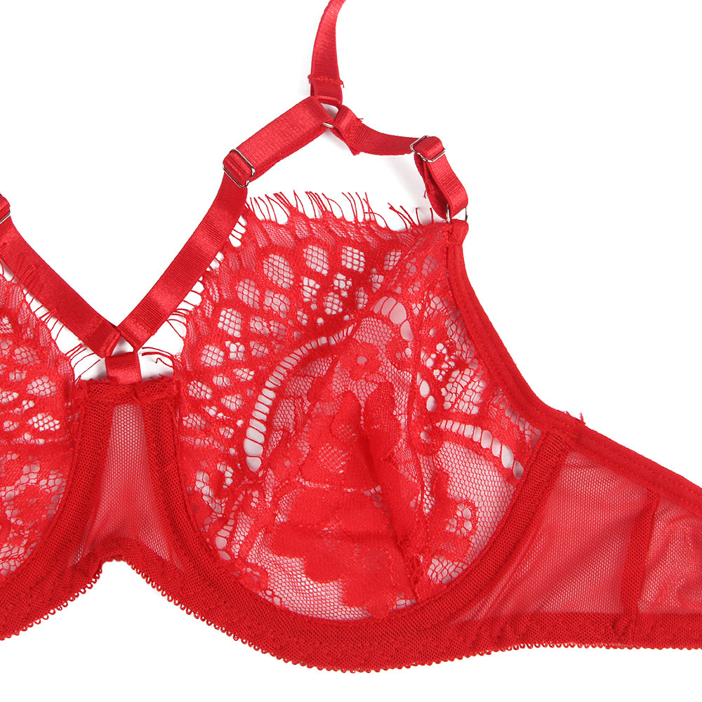 Red Feather Lace Underwire Garter Lingerie Set