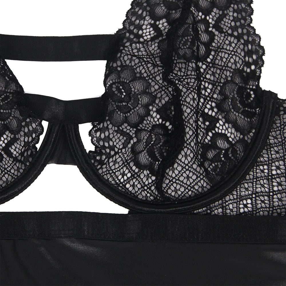 Sexy Black Lace Floral Decoration Underwire Backless Leather Lingerie