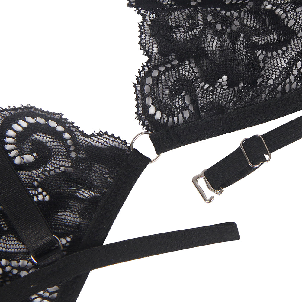 Black Lace Hollow Out Design Garter Belt Leg Ring Bra Set