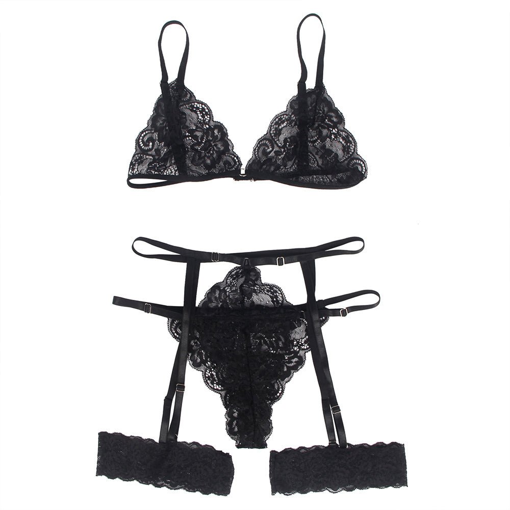 Black Lace Hollow Out Design Garter Belt Leg Ring Bra Set
