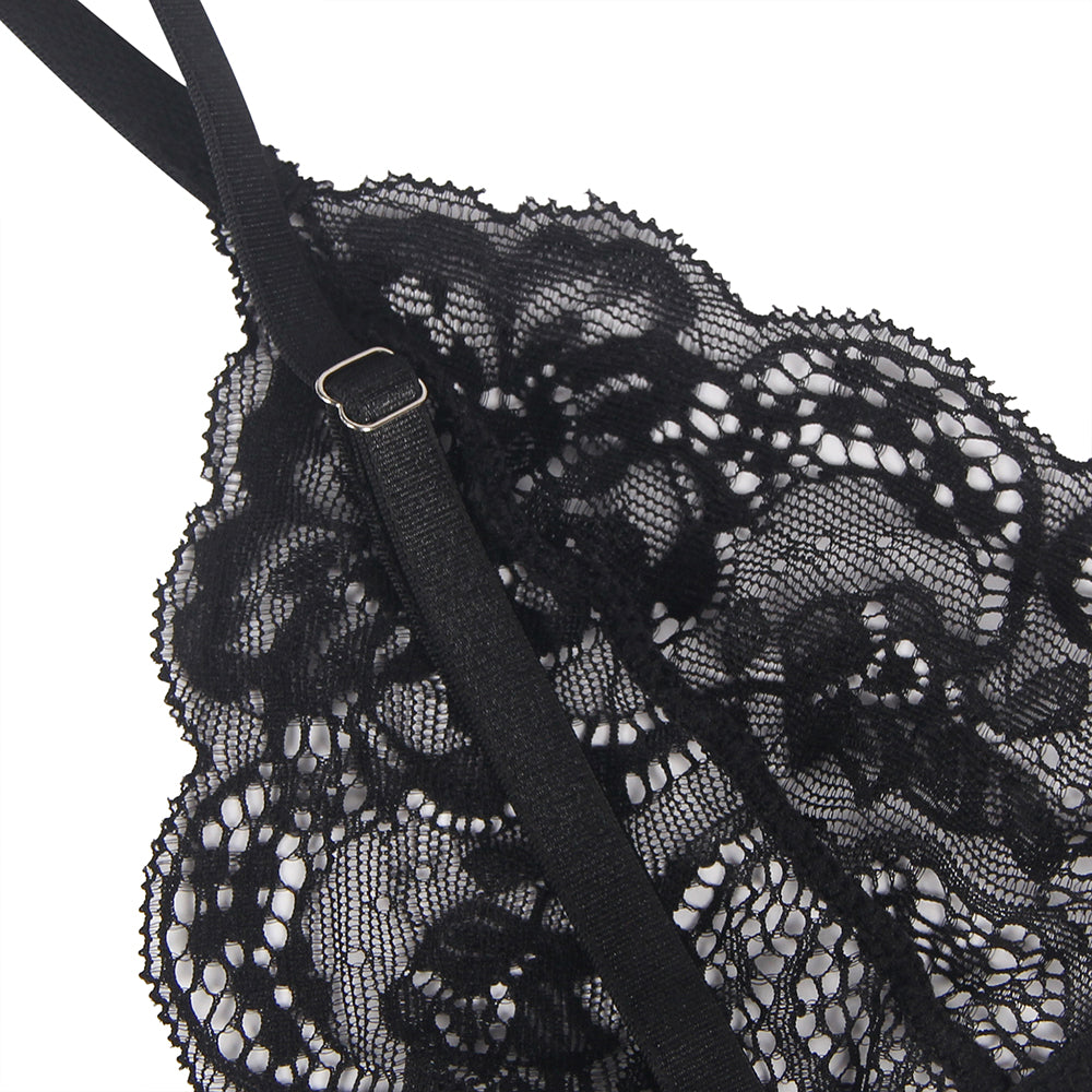 Black Lace Hollow Out Design Garter Belt Leg Ring Bra Set