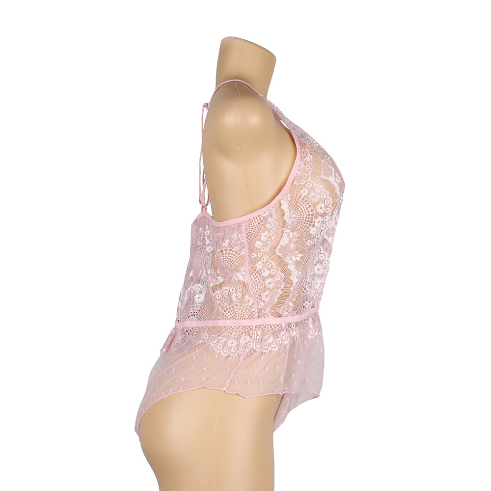 Pink Lace Floral Deep V Neck Sheer Teddy Lingerie