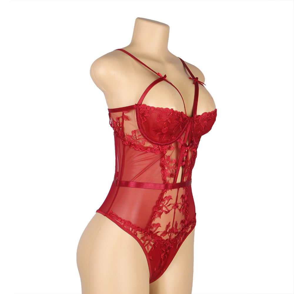 Wine Red One-piece Sleeveless Underwired Floral Patterns Mesh Bodysuit