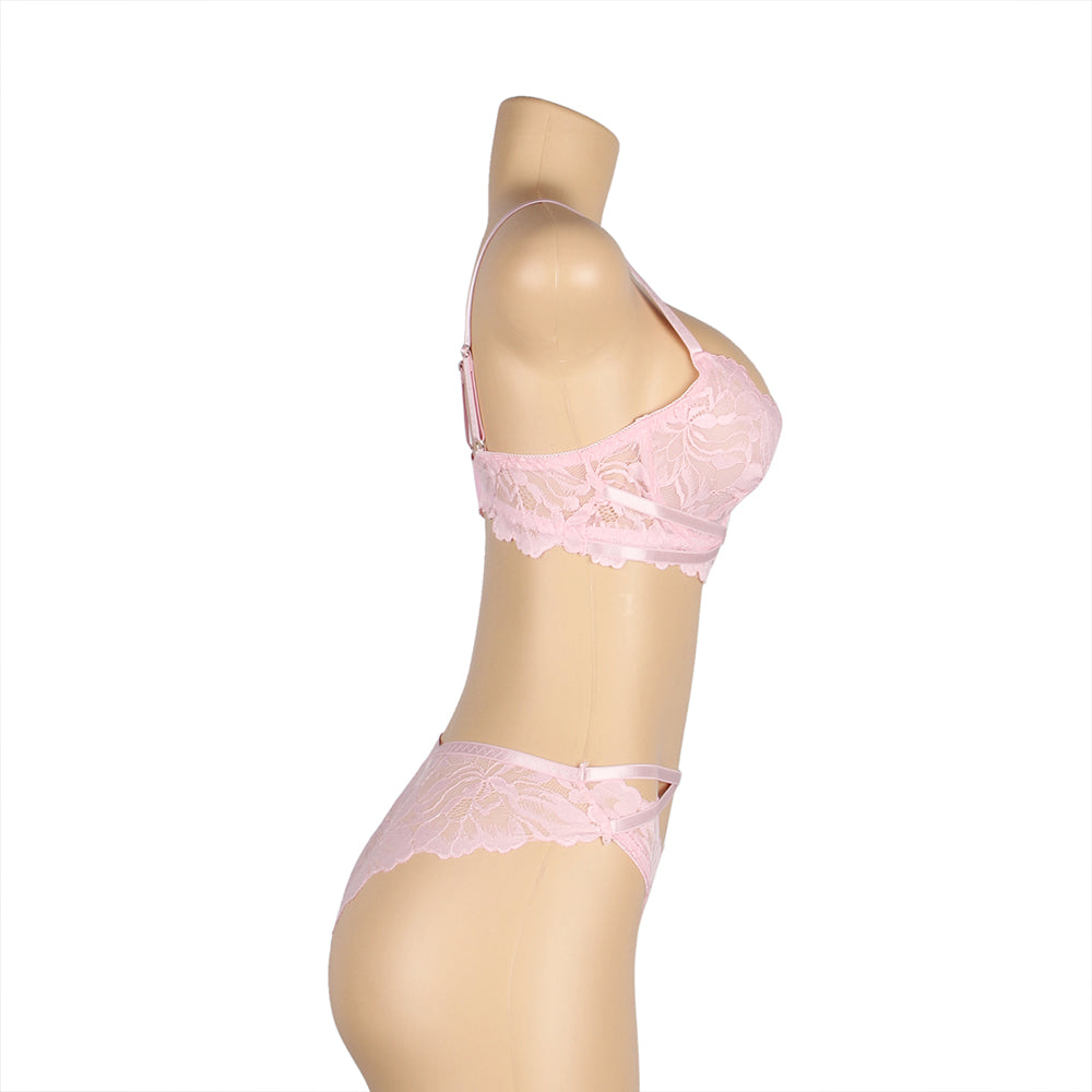 Pink Floral Lace Adjustable Strap Underwire Bra Set