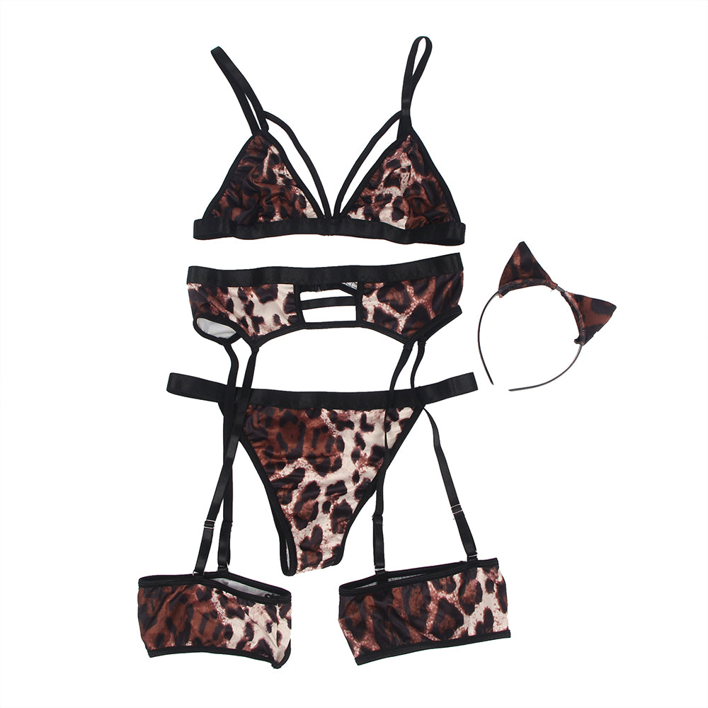 Leopard Print Sexy Head Wear Garter Bra Set