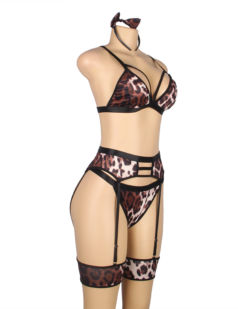 Leopard Print Sexy Head Wear Garter Bra Set