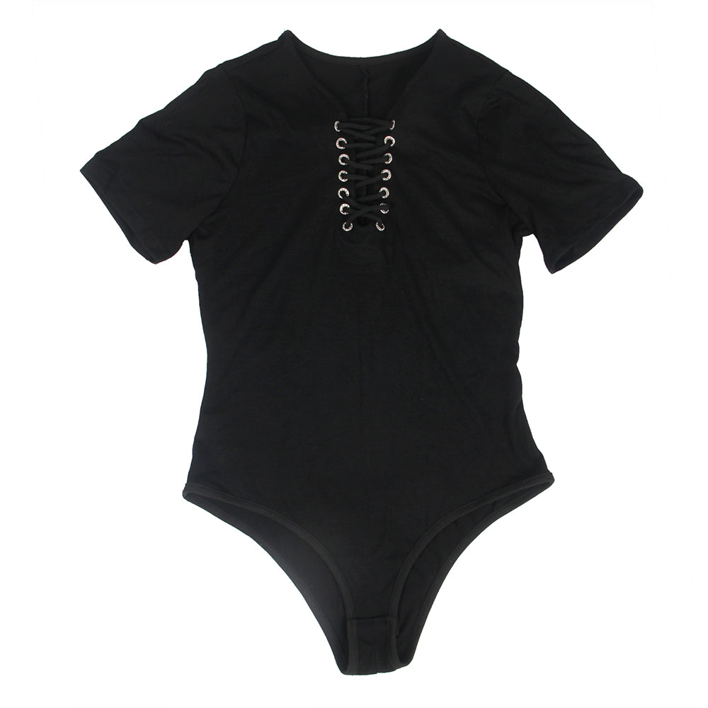 Open Crotch One-piece Short Sleeve Black Solid Color Fashion Bodysuit