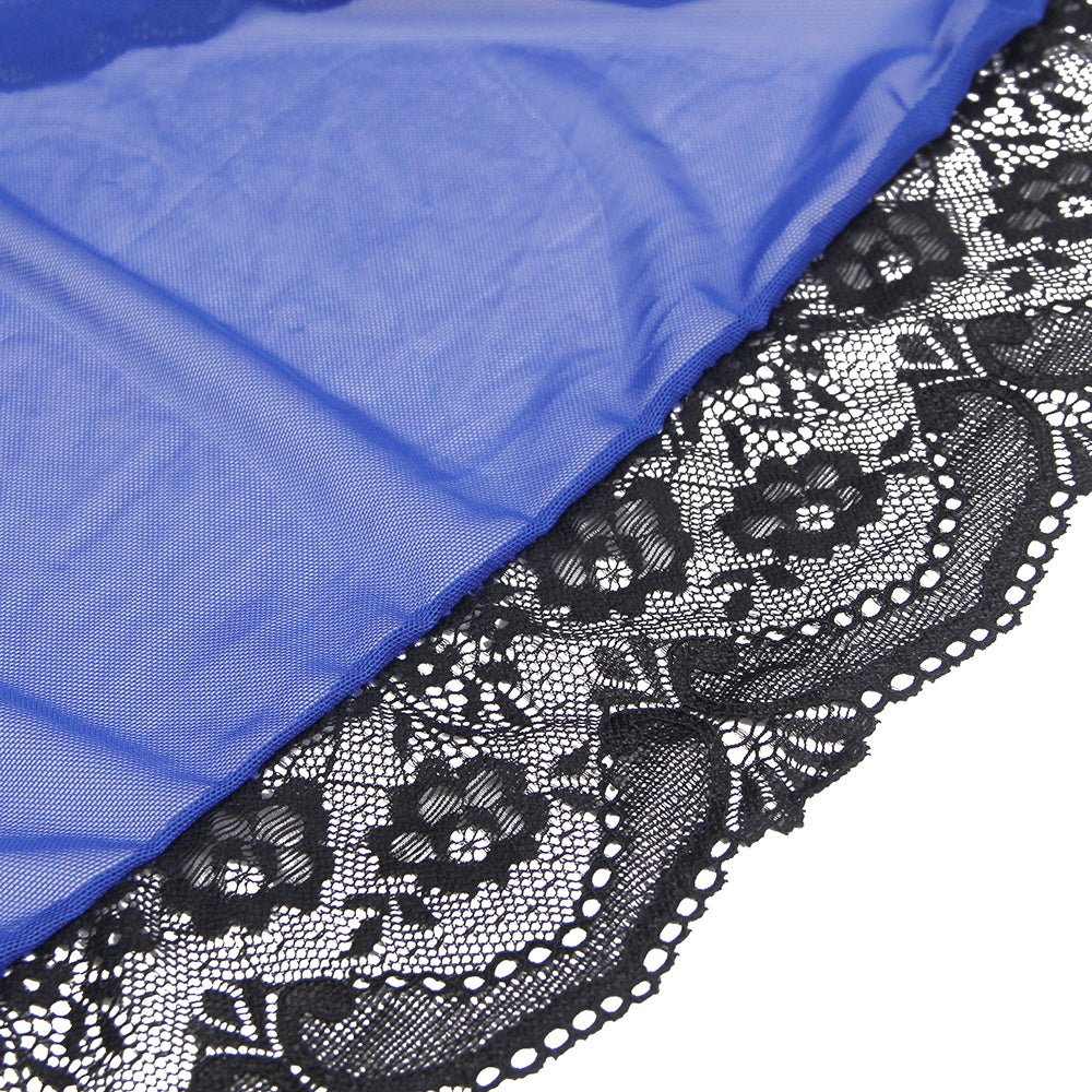 Blue Elastic Mesh Robe – Bell Sleeves, Lace Trim, Satin Belt & Thong Set - TeaseFashion