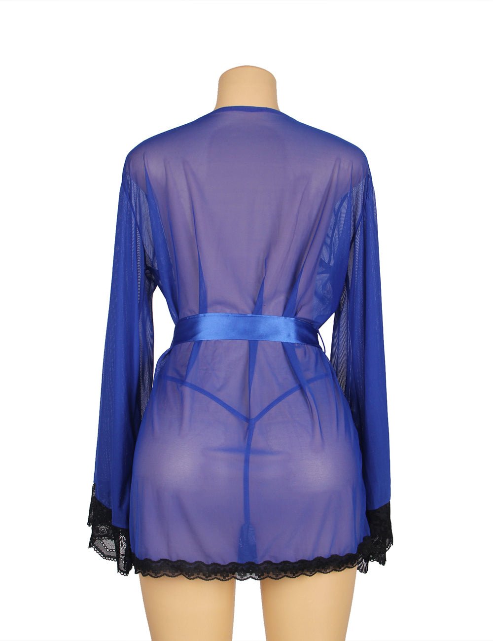 Blue Elastic Mesh Robe – Bell Sleeves, Lace Trim, Satin Belt & Thong Set - TeaseFashion