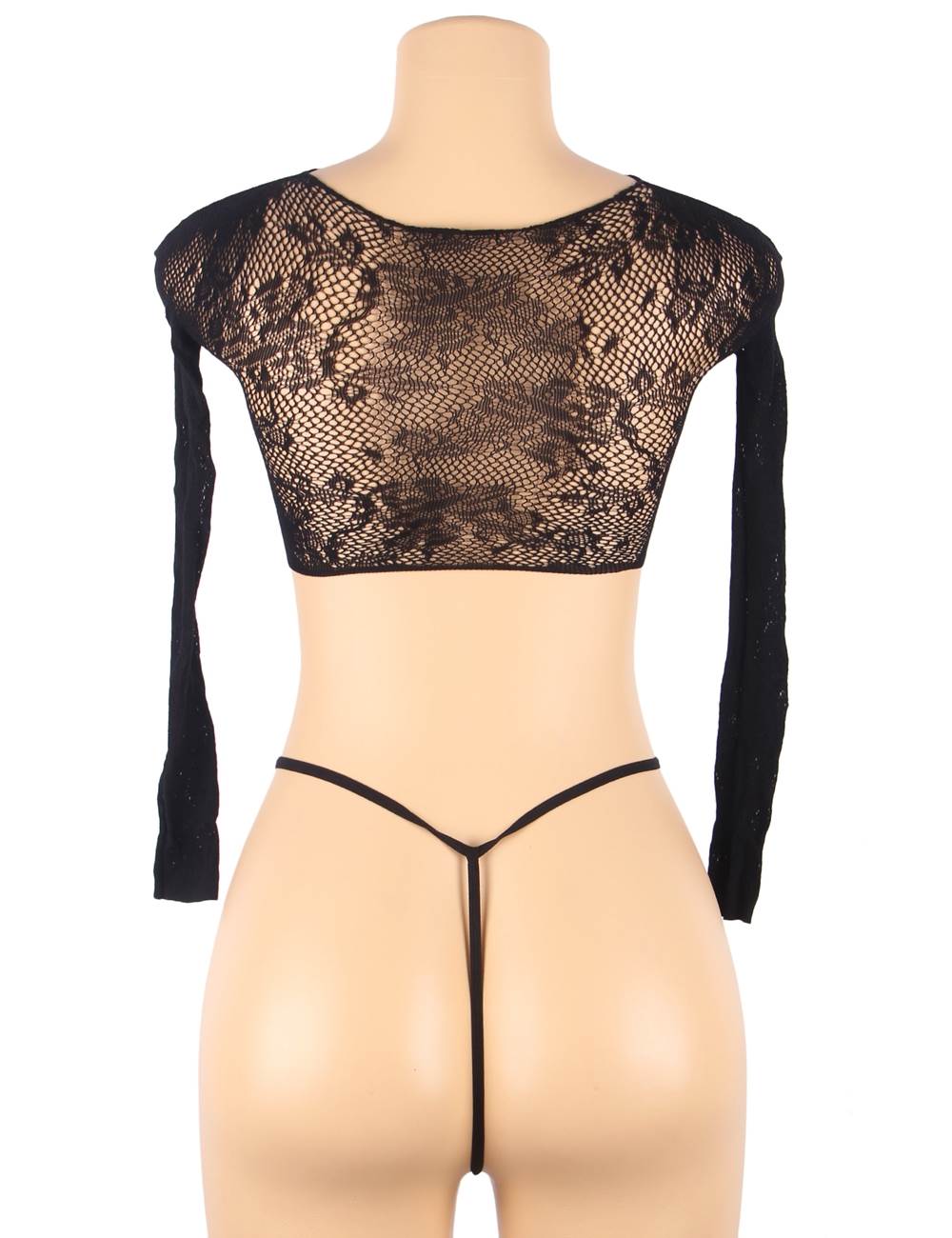 Plus Size Black Sexy Open Chest Long Sleeve Stretch Fishnet Set