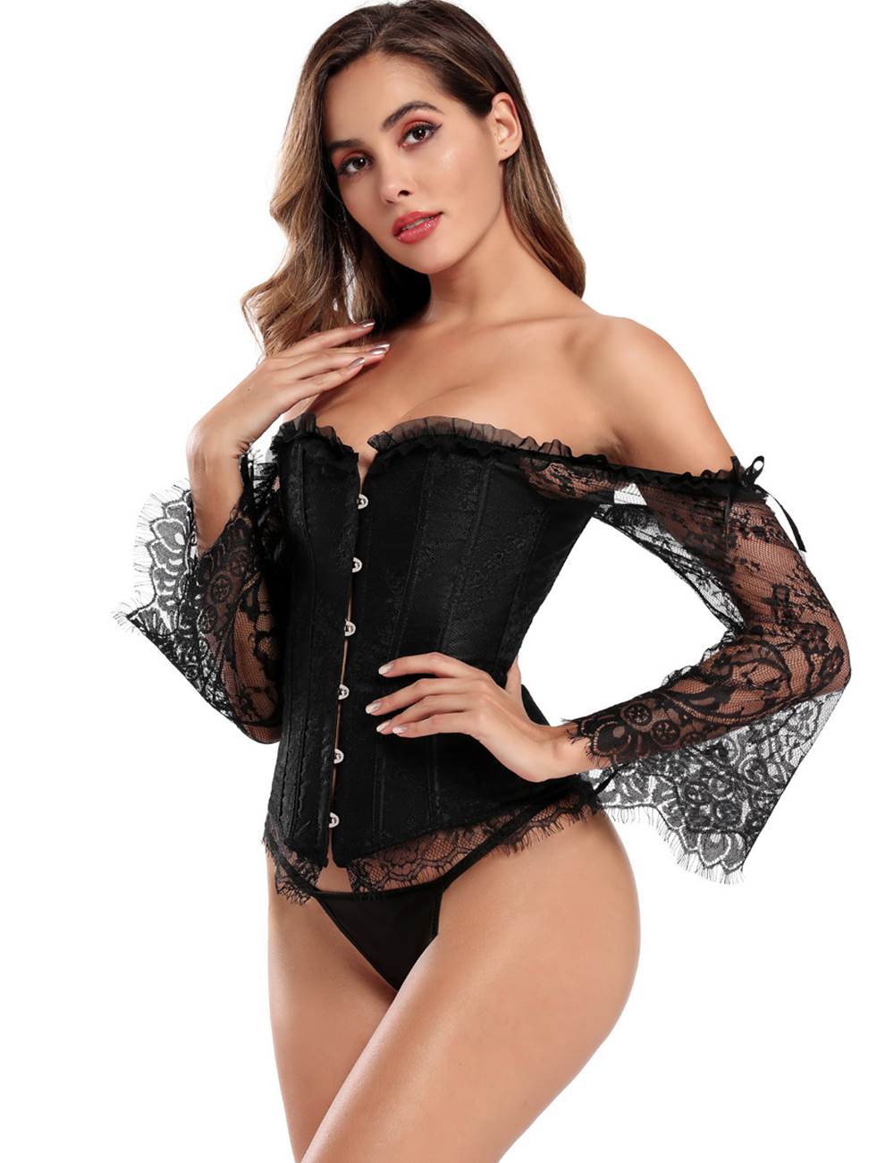 12 Pieces Plastic Bones Sexy Lace Sleeves Stitching Black Corset