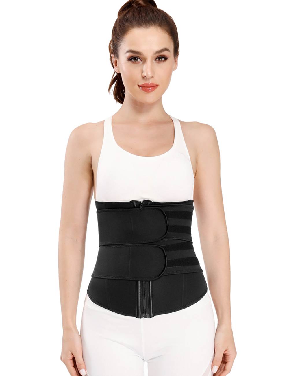 Zippered Double Belt 9 Steel Bones Neoprene Fitness Waist Trainer Black