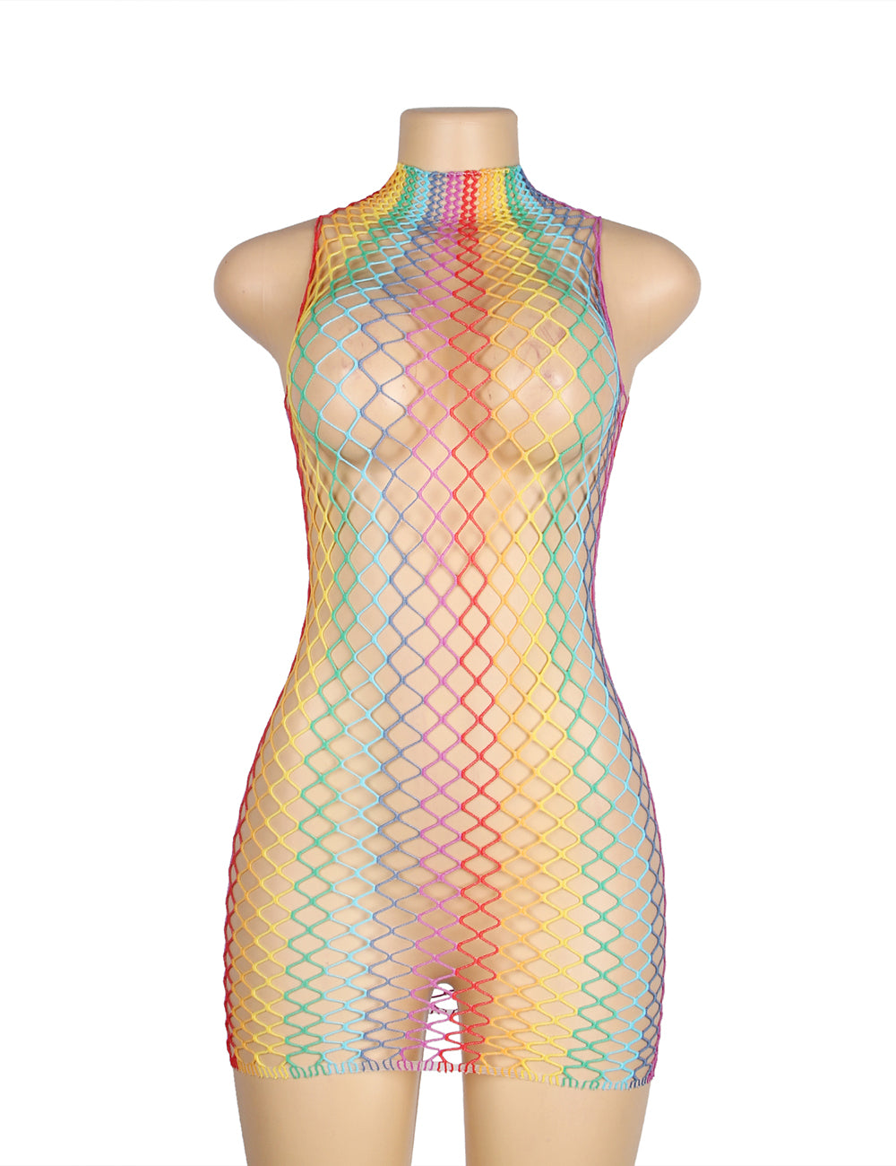 Rainbow Colorful High Collar Sleeveless Fishnet Bodystocking