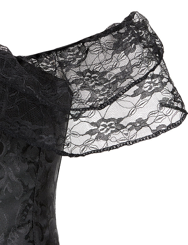 Black off Shoulder 12 Pieces Plastic Bones Lace Corsets with Panties