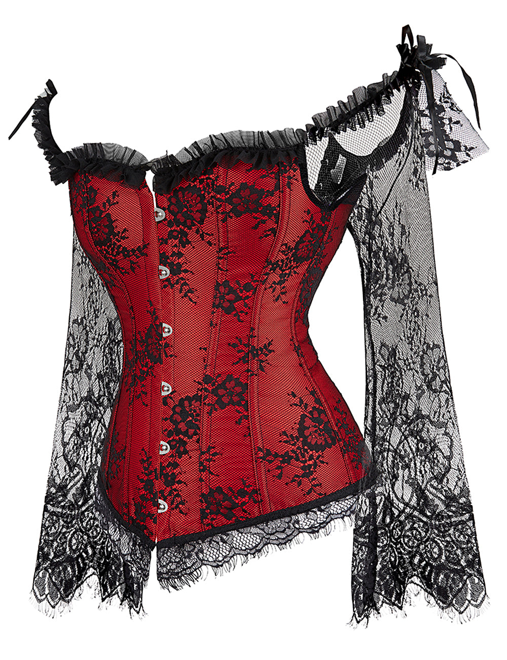 12 Pieces Plastic Bones Sexy Lace Sleeves Stitching Red Corset