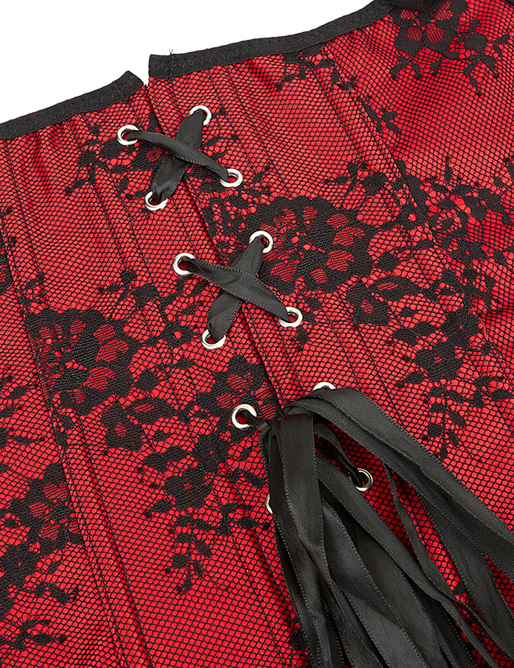 12 Pieces Plastic Bones Sexy Lace Sleeves Stitching Red Corset