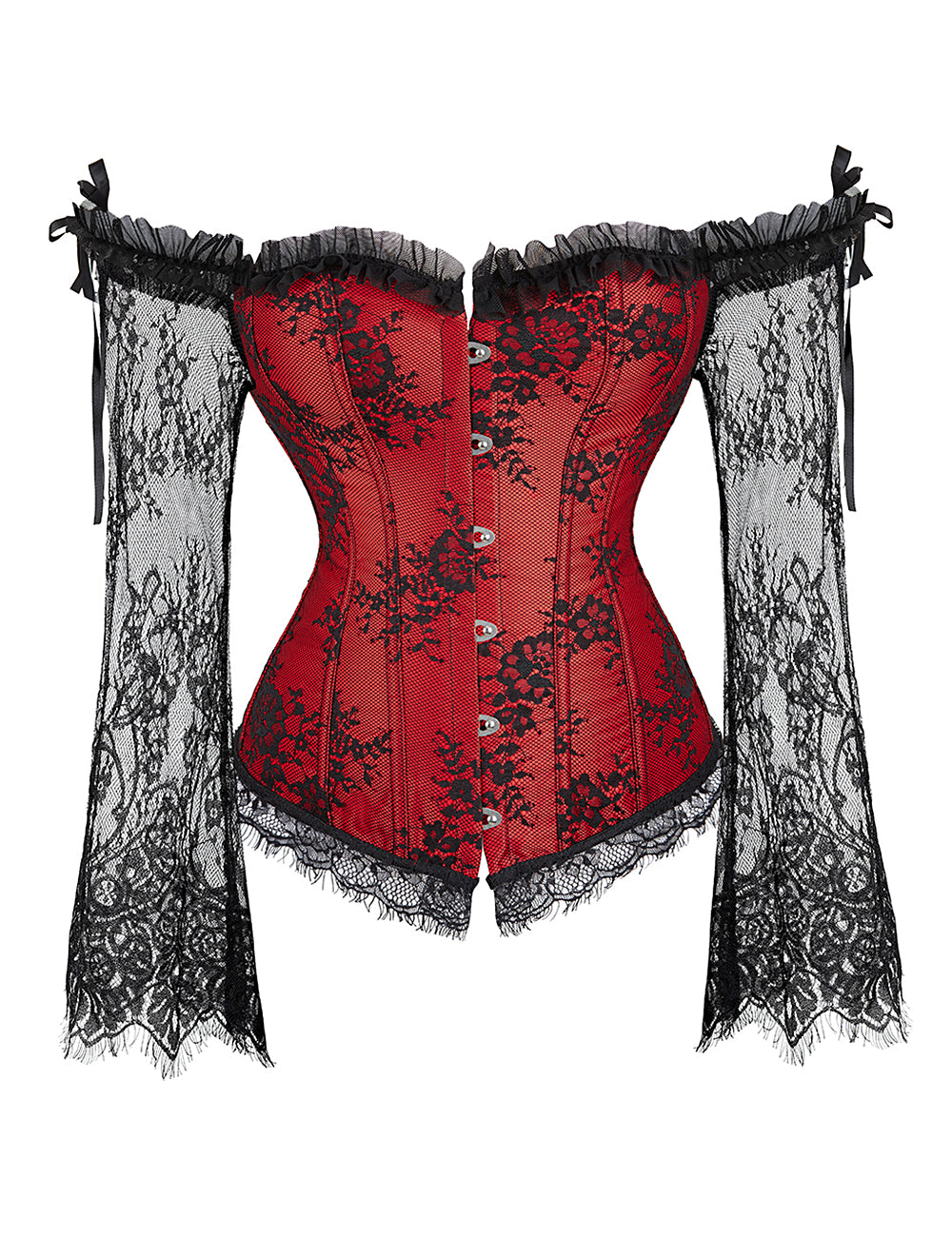 12 Pieces Plastic Bones Sexy Lace Sleeves Stitching Red Corset