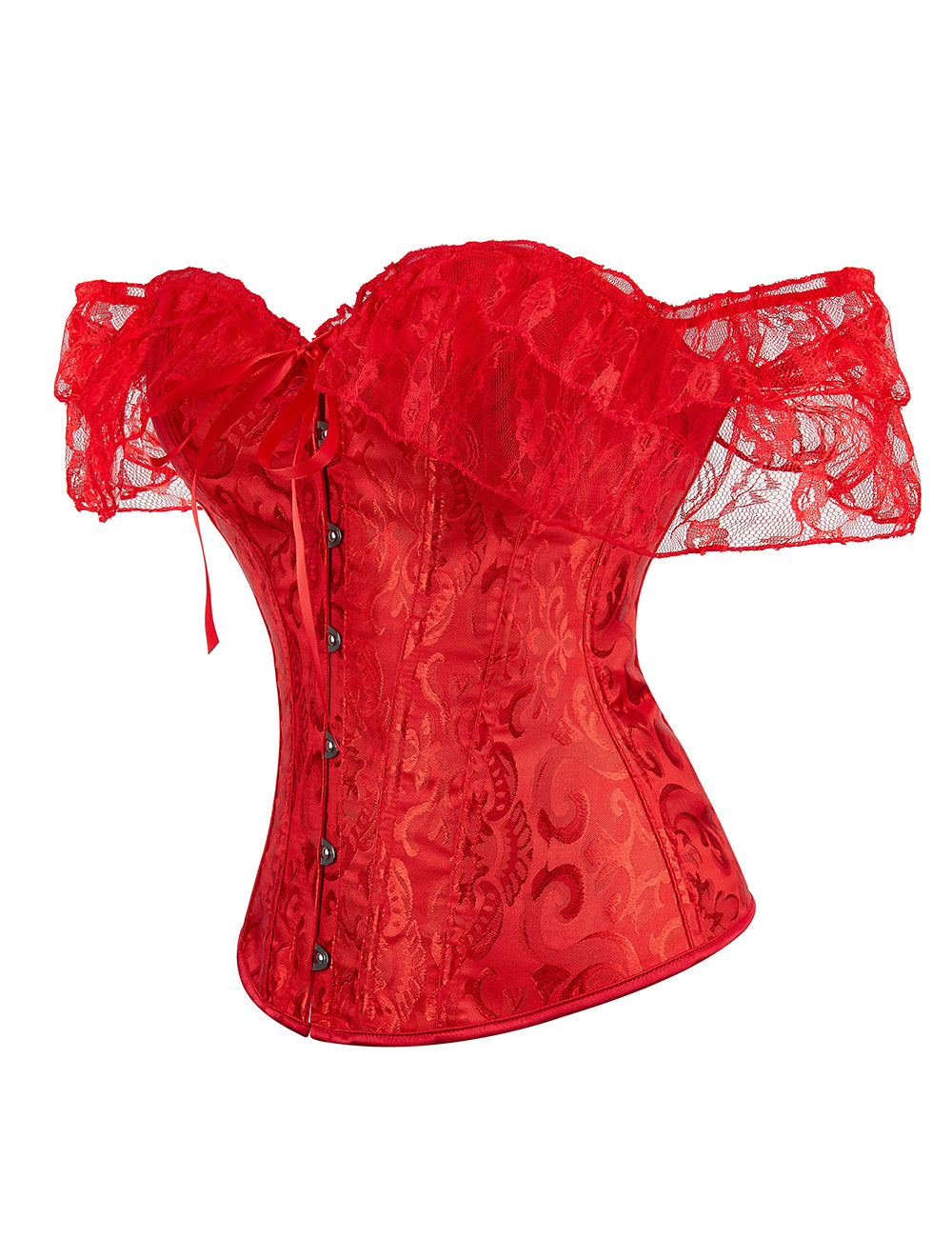 Red off Shoulder 12 Pieces Plastic Bones Lace Corsets with Panties
