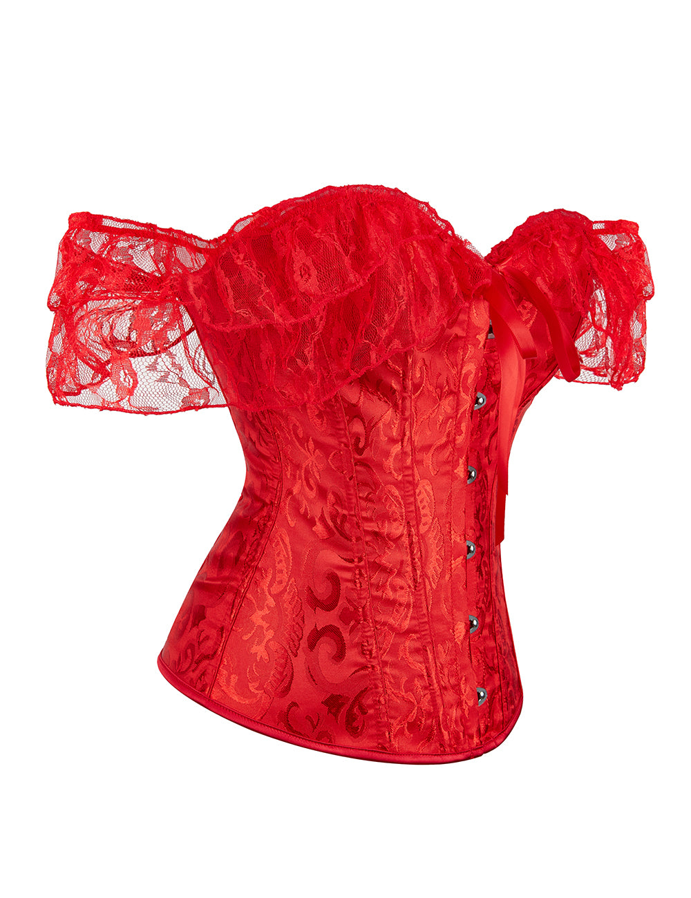 Red off Shoulder 12 Pieces Plastic Bones Lace Corsets with Panties