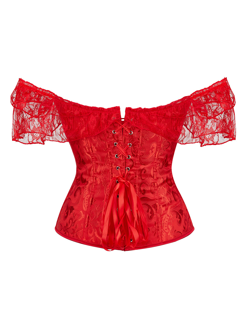 Red off Shoulder 12 Pieces Plastic Bones Lace Corsets with Panties